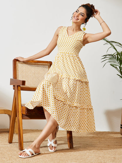 Janasya Women's Yellow Pure Cotton Floral Printed Tiered Dress