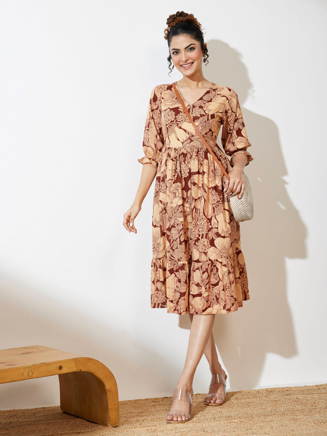 Janasya Women's Maroon Pure Cotton Floral Printed Flared Dress