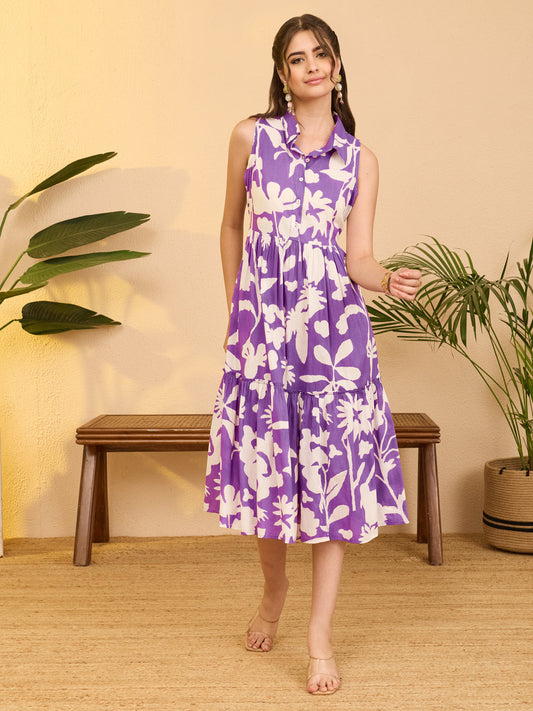 Janasya Women's Purple Pure Cotton Floral Gathered A-line Dress