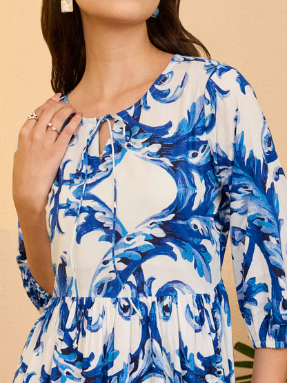 Janasya Women's White Pure Cotton Abstract Printed A-line Dress