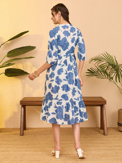 Janasya Women's Blue Pure Cotton Floral Printed Fit & Flare Dress