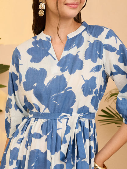 Janasya Women's Blue Pure Cotton Floral Printed Fit & Flare Dress