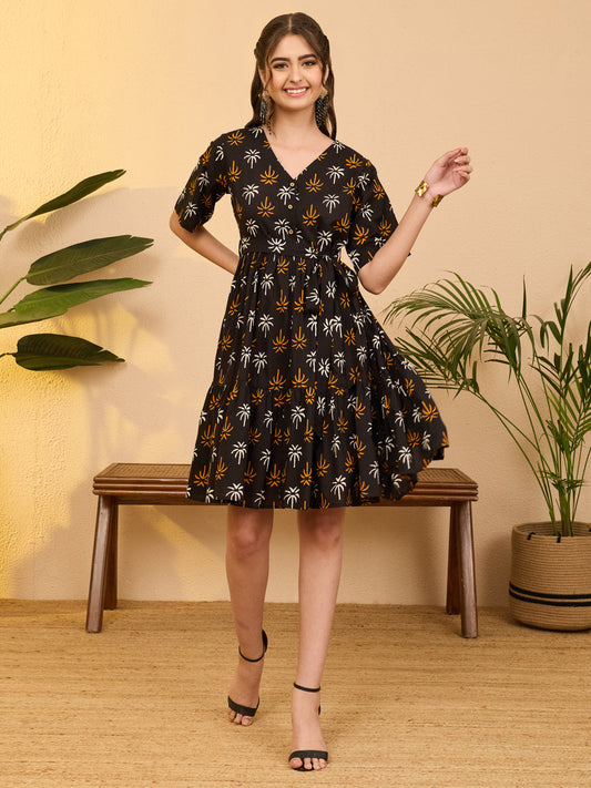 Janasya Women's Black Pure Cotton Tropical Printed Fit & Flare Dress