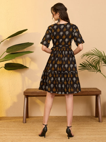 Janasya Women's Black Pure Cotton Tropical Printed Fit & Flare Dress