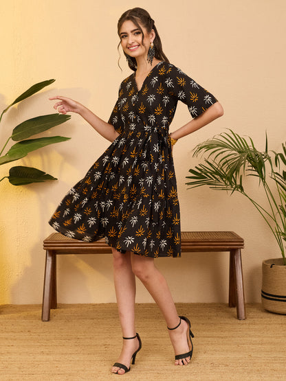 Janasya Women's Black Pure Cotton Tropical Printed Fit & Flare Dress