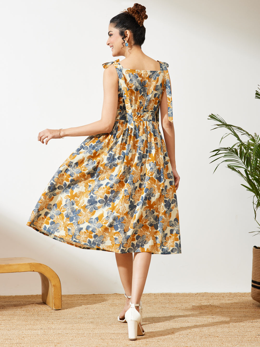 Janasya Women's Cream Pure Cotton Floral Printed Fit & Flare Dress