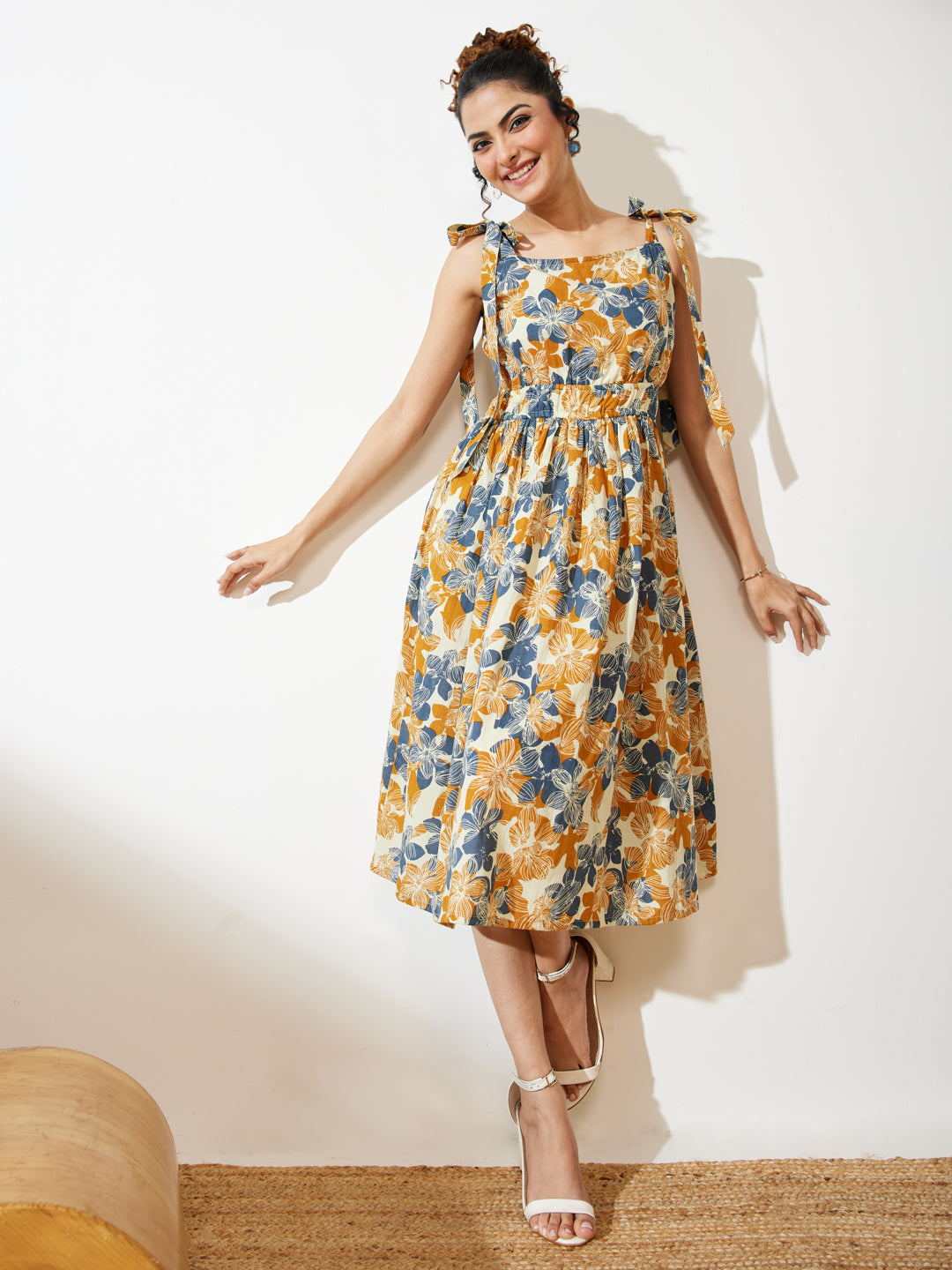 Janasya Women's Cream Pure Cotton Floral Printed Fit & Flare Dress