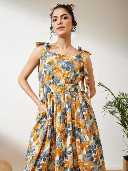 Janasya Women's Cream Pure Cotton Floral Printed Fit & Flare Dress