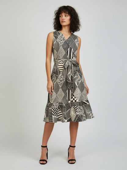 Janasya Women's White Pure Cotton Geometric Printed A-line Dress