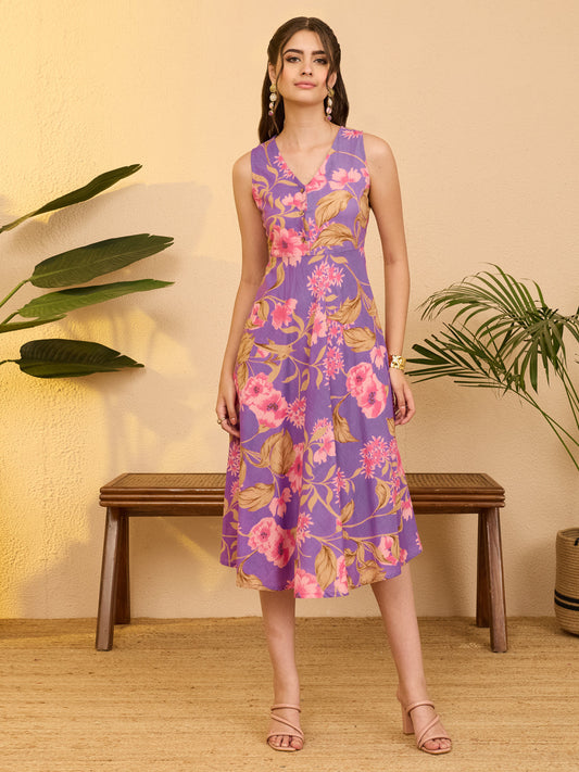 Janasya Women's Purple Pure Cotton Floral Printed Fit & Flare Dress