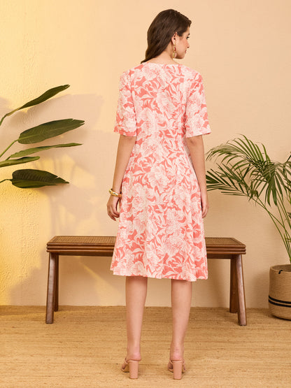 Janasya Women's Coral Pure Cotton Floral Printed A-line Flared Dress