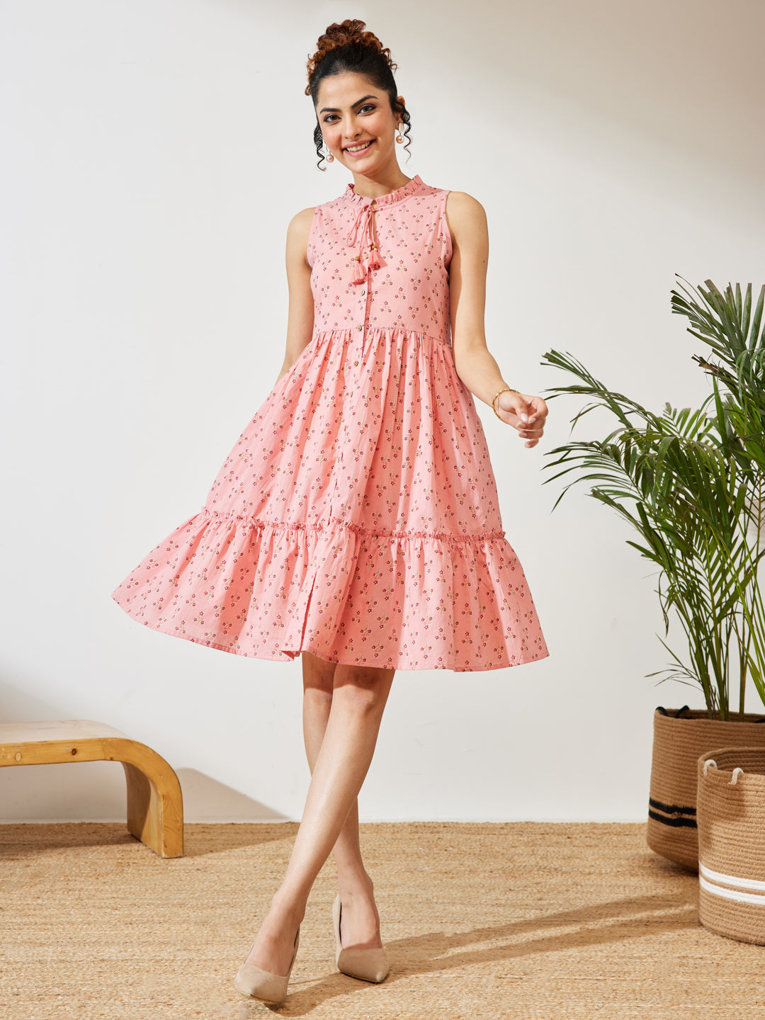 Janasya Women's Peach Cotton Floral Printed Fit & Flare Dress