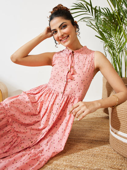 Janasya Women's Peach Cotton Floral Printed Fit & Flare Dress