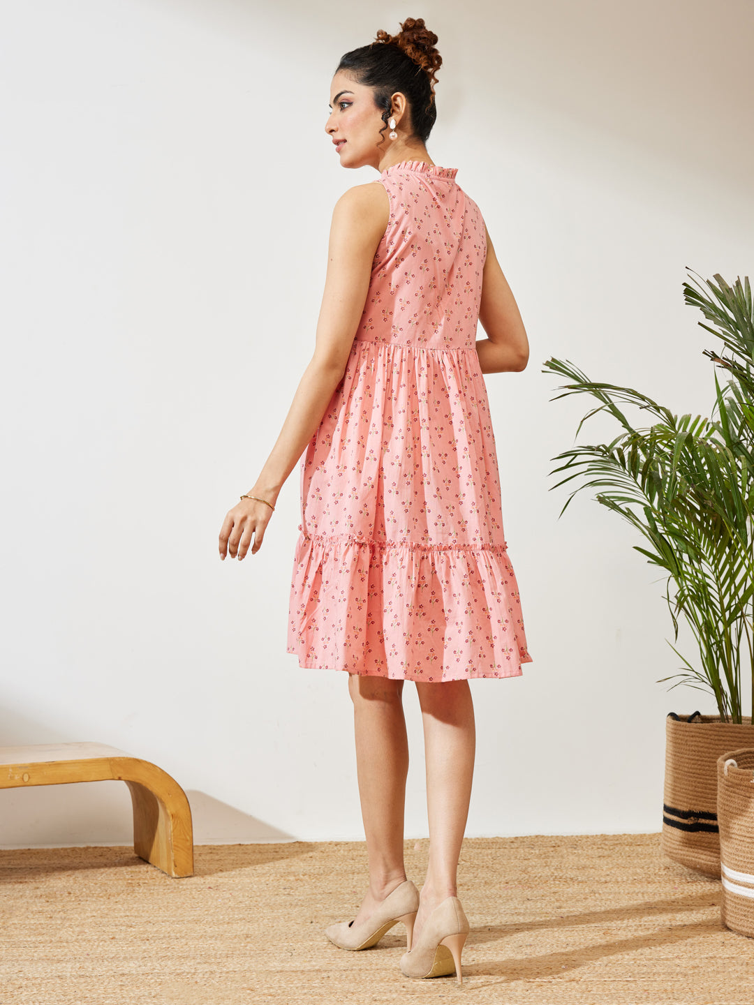 Janasya Women's Peach Cotton Floral Printed Fit & Flare Dress