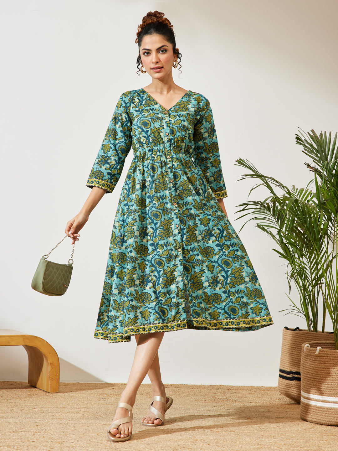 Janasya Women's Teal Blue Pure Cotton Floral Printed A-line Dress