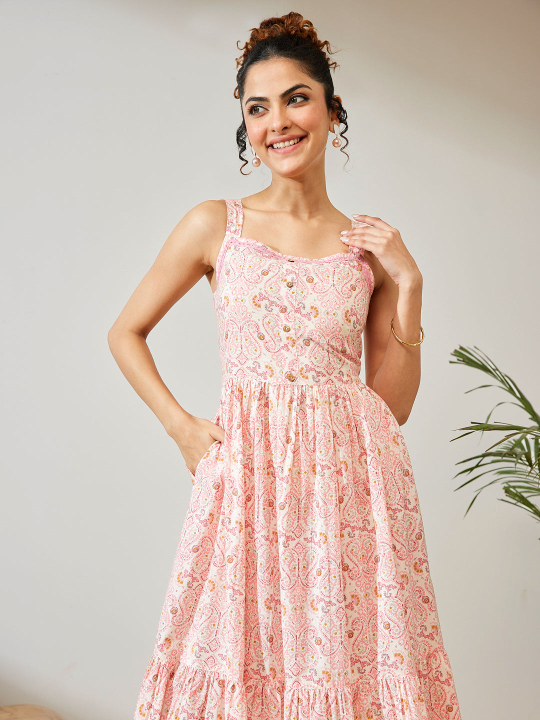 Janasya Women's Peach Pure Cotton Paisley Printed Fit & Flare Dress