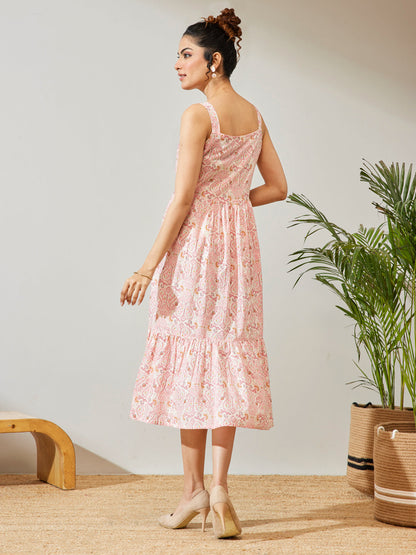 Janasya Women's Peach Pure Cotton Paisley Printed Fit & Flare Dress