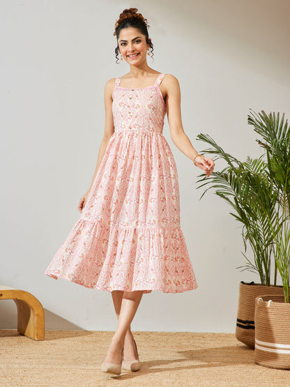 Janasya Women's Peach Pure Cotton Paisley Printed Fit & Flare Dress