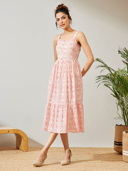 Janasya Women's Peach Pure Cotton Paisley Printed Fit & Flare Dress