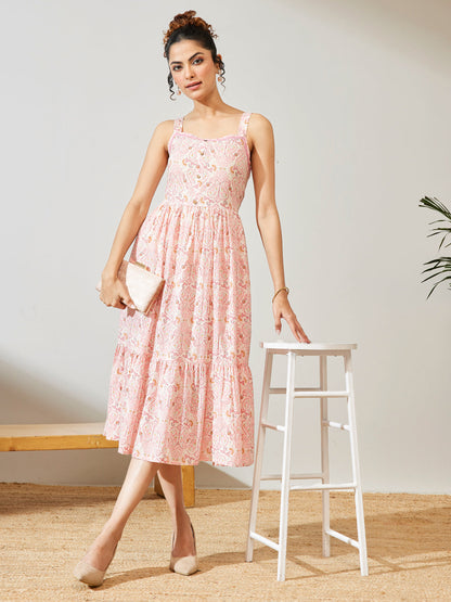 Janasya Women's Peach Pure Cotton Paisley Printed Fit & Flare Dress