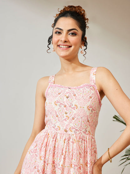 Janasya Women's Peach Pure Cotton Paisley Printed Fit & Flare Dress