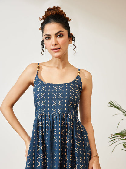 Janasya Women's Navy Blue Pure Cotton Abstract Printed A-line Dress
