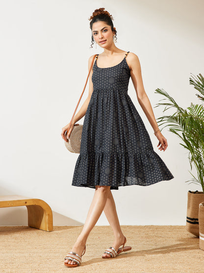 Janasya Women's Navy Blue Pure Cotton Ethnic Motifs Printed A-line Dress