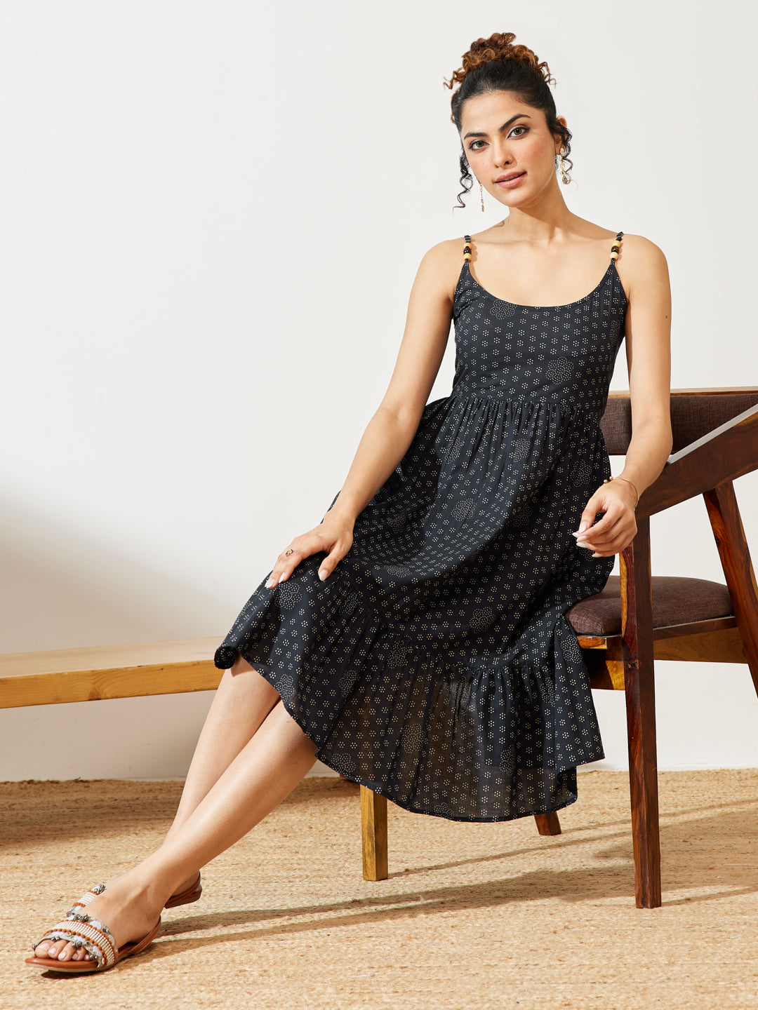 Janasya Women's Navy Blue Pure Cotton Ethnic Motifs Printed A-line Dress