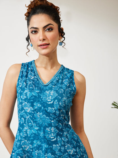 Janasya Women's Blue Pure Cotton Floral Printed Flared Dress