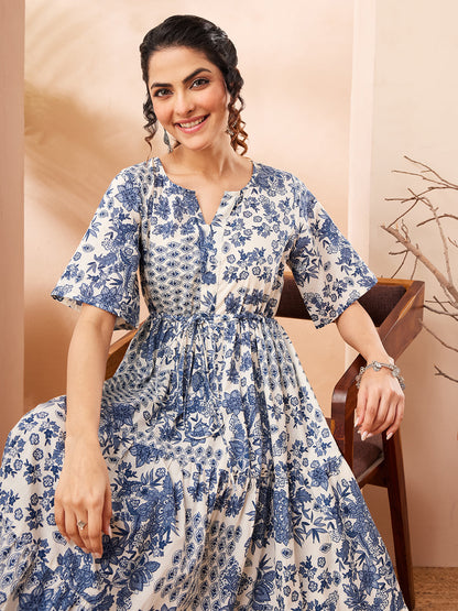 Janasya Women's Blue Pure Cotton Floral Printed Fit & Flare Dress