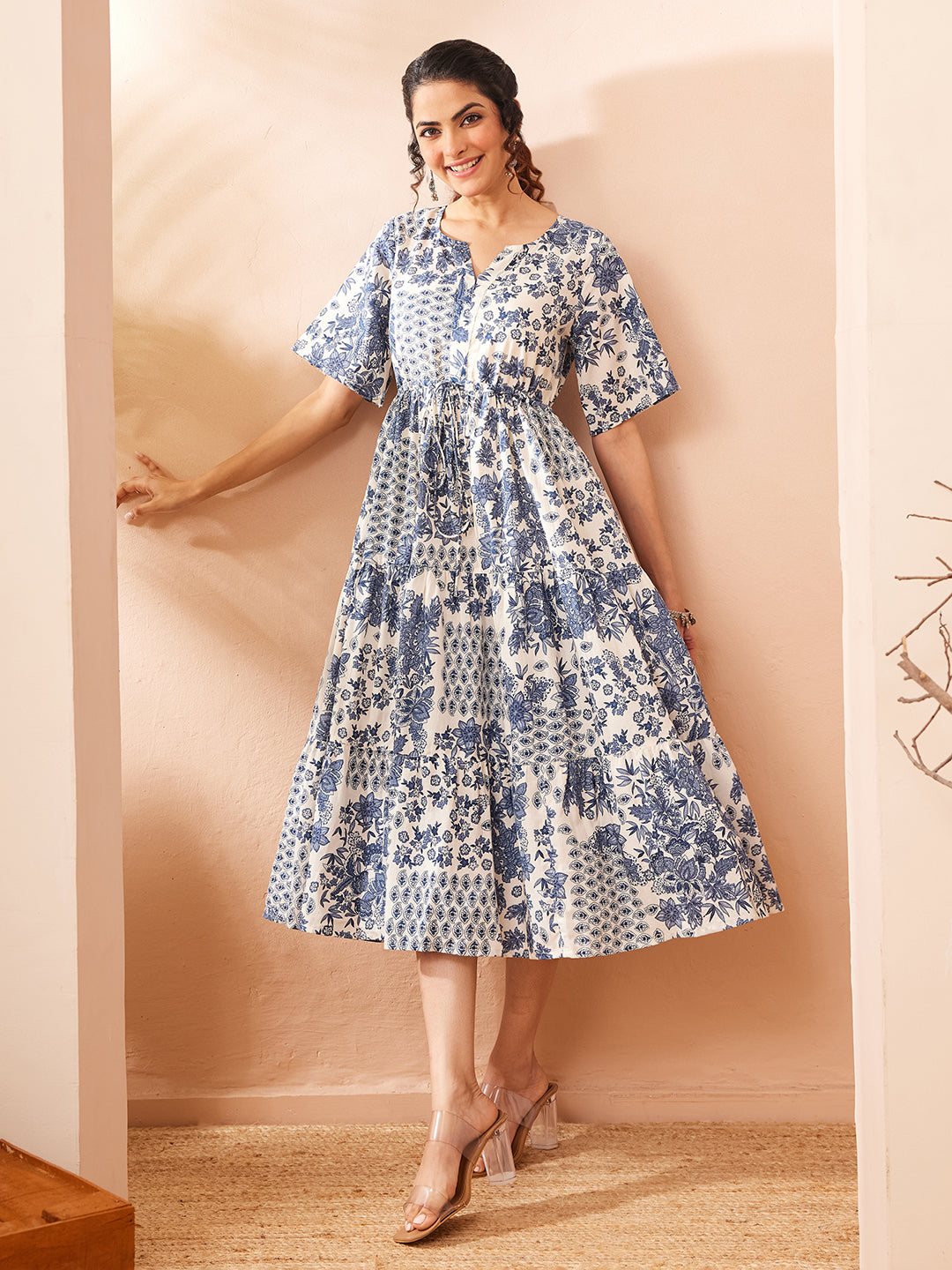 Janasya Women's Blue Pure Cotton Floral Printed Fit & Flare Dress