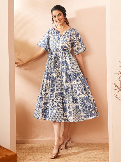 Janasya Women's Blue Pure Cotton Floral Printed Fit & Flare Dress