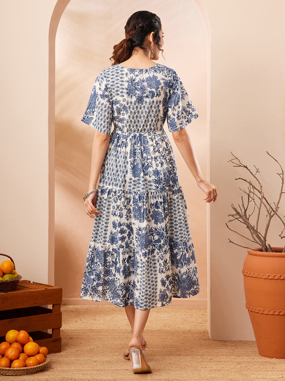 Janasya Women's Blue Pure Cotton Floral Printed Fit & Flare Dress