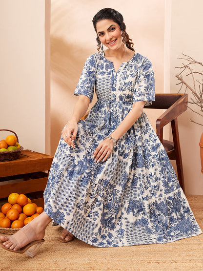 Janasya Women's Blue Pure Cotton Floral Printed Fit & Flare Dress