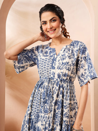 Janasya Women's Blue Pure Cotton Floral Printed Fit & Flare Dress