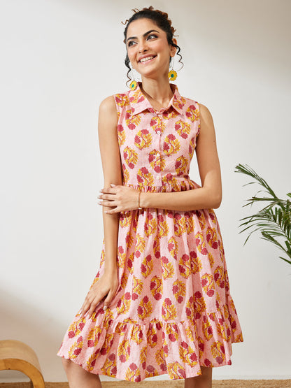 Janasya Women's Pink Pure Cotton Floral Printed Fit & Flare Dress