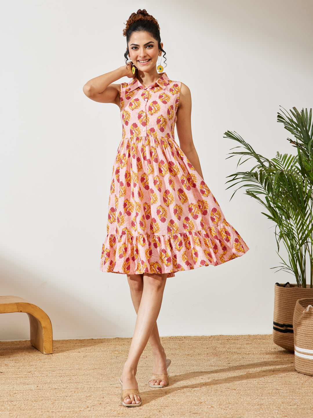 Janasya Women's Pink Pure Cotton Floral Printed Fit & Flare Dress