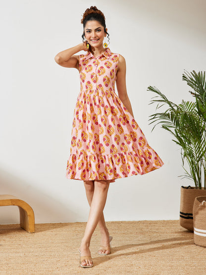 Janasya Women's Pink Pure Cotton Floral Printed Fit & Flare Dress