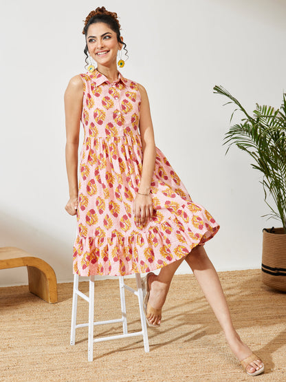 Janasya Women's Pink Pure Cotton Floral Printed Fit & Flare Dress