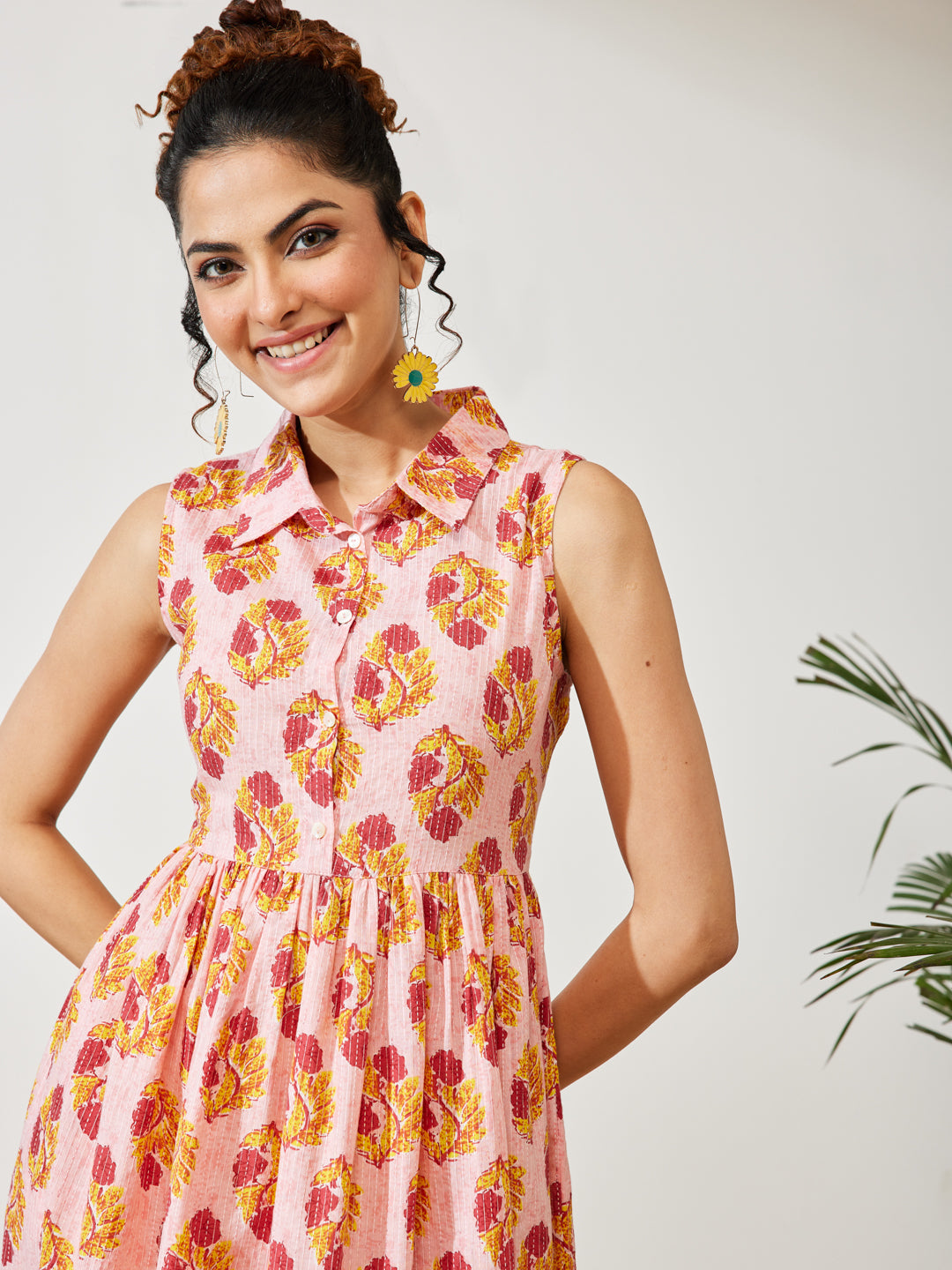 Janasya Women's Pink Pure Cotton Floral Printed Fit & Flare Dress