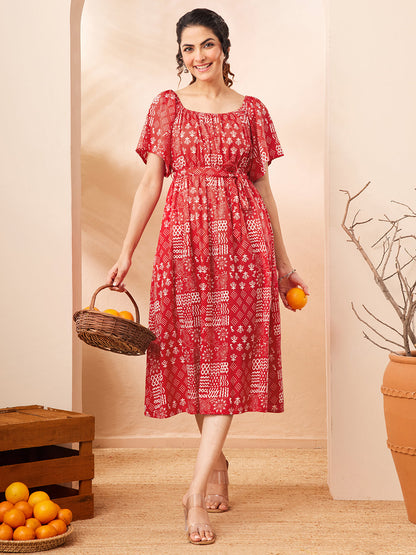 Janasya Women's Red Pure Cotton Printed A-line Dress
