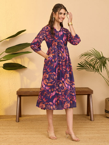 Janasya Women's Purple Georgette Botanical Printed Gathered Dress