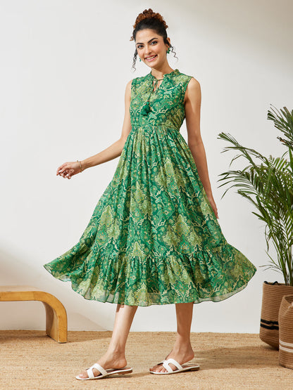 Janasya Women's Green Georgette Floral Printed Fit & Flared Dress