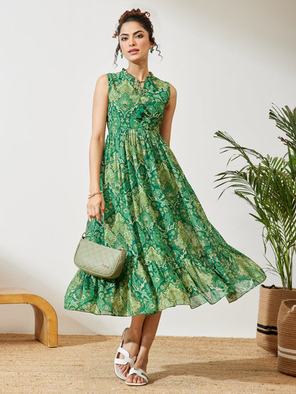 Janasya Women's Green Georgette Floral Printed Fit & Flared Dress