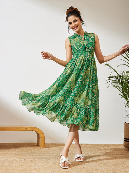 Janasya Women's Green Georgette Floral Printed Fit & Flared Dress