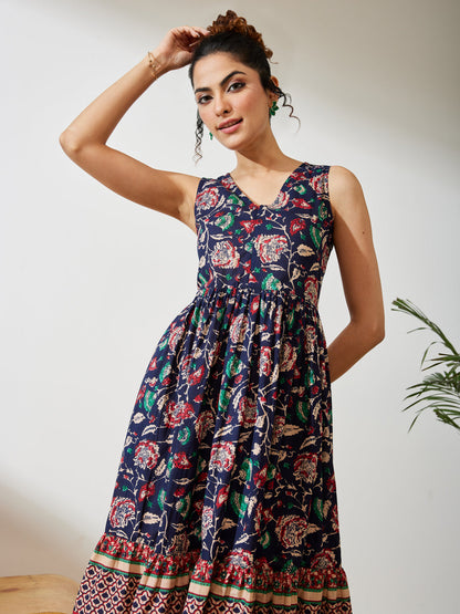 Janasya Women's Navy Blue Pure Cotton Floral Prinrted Gathered Dress