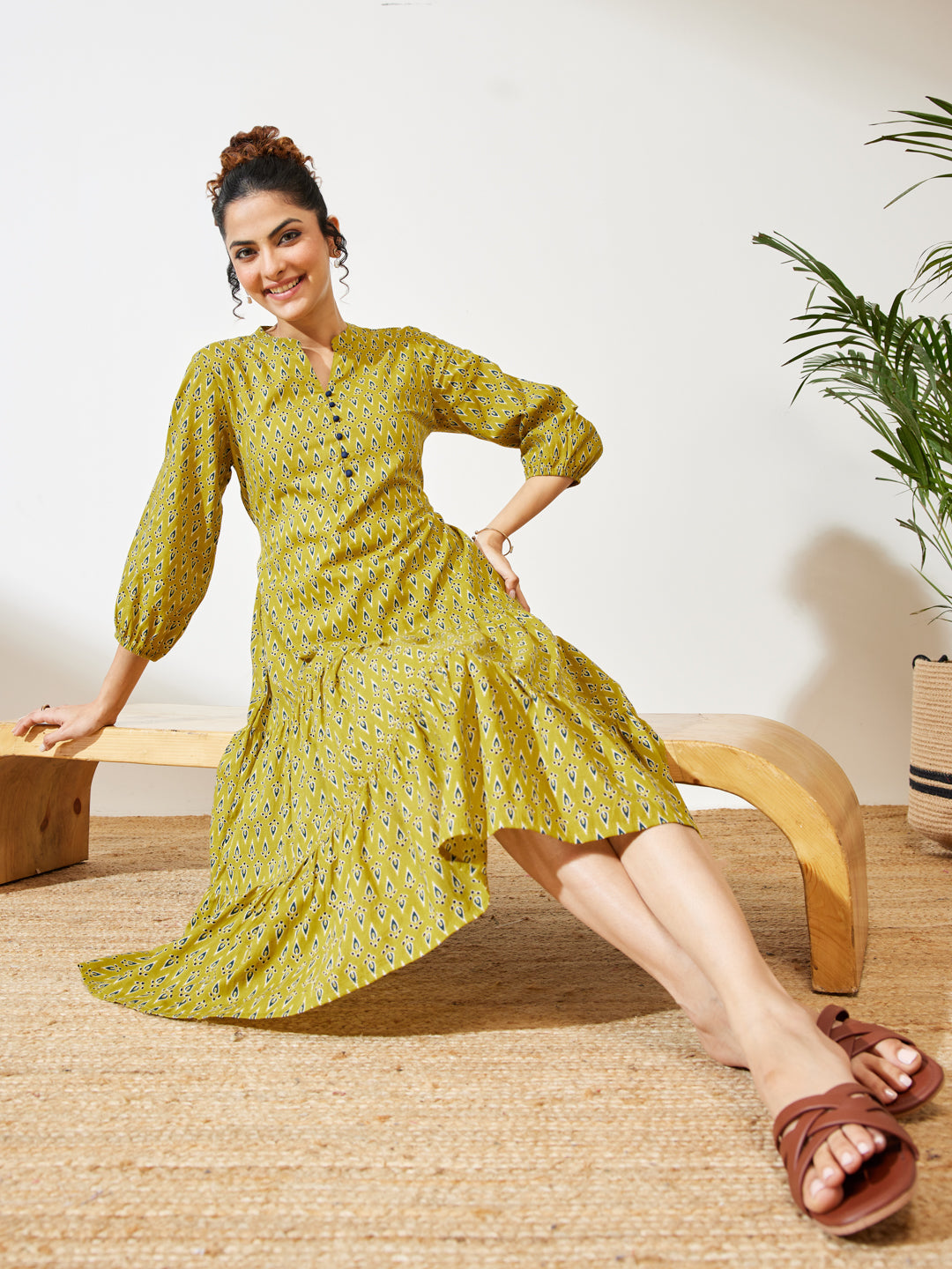 Janasya Women's Mustard Pure Cotton Ethnic Motif Printed Fit & Flare Dress