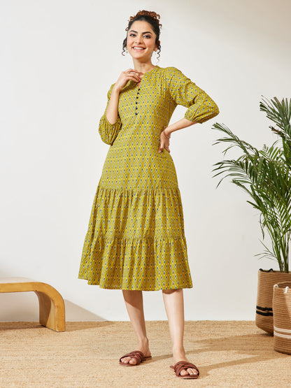 Janasya Women's Mustard Pure Cotton Ethnic Motif Printed Fit & Flare Dress