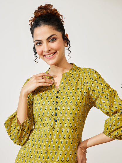 Janasya Women's Mustard Pure Cotton Ethnic Motif Printed Fit & Flare Dress