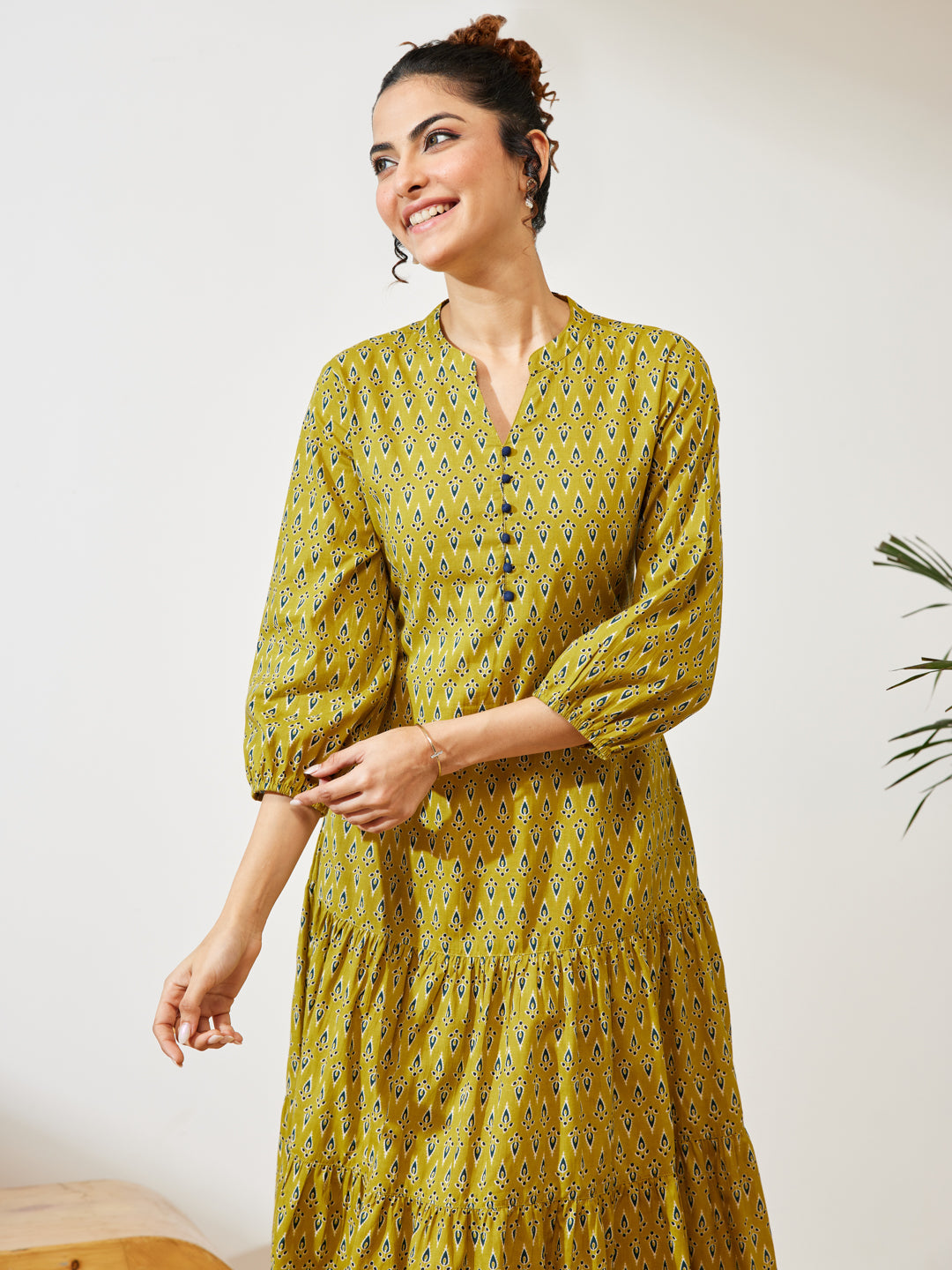 Janasya Women's Mustard Pure Cotton Ethnic Motif Printed Fit & Flare Dress